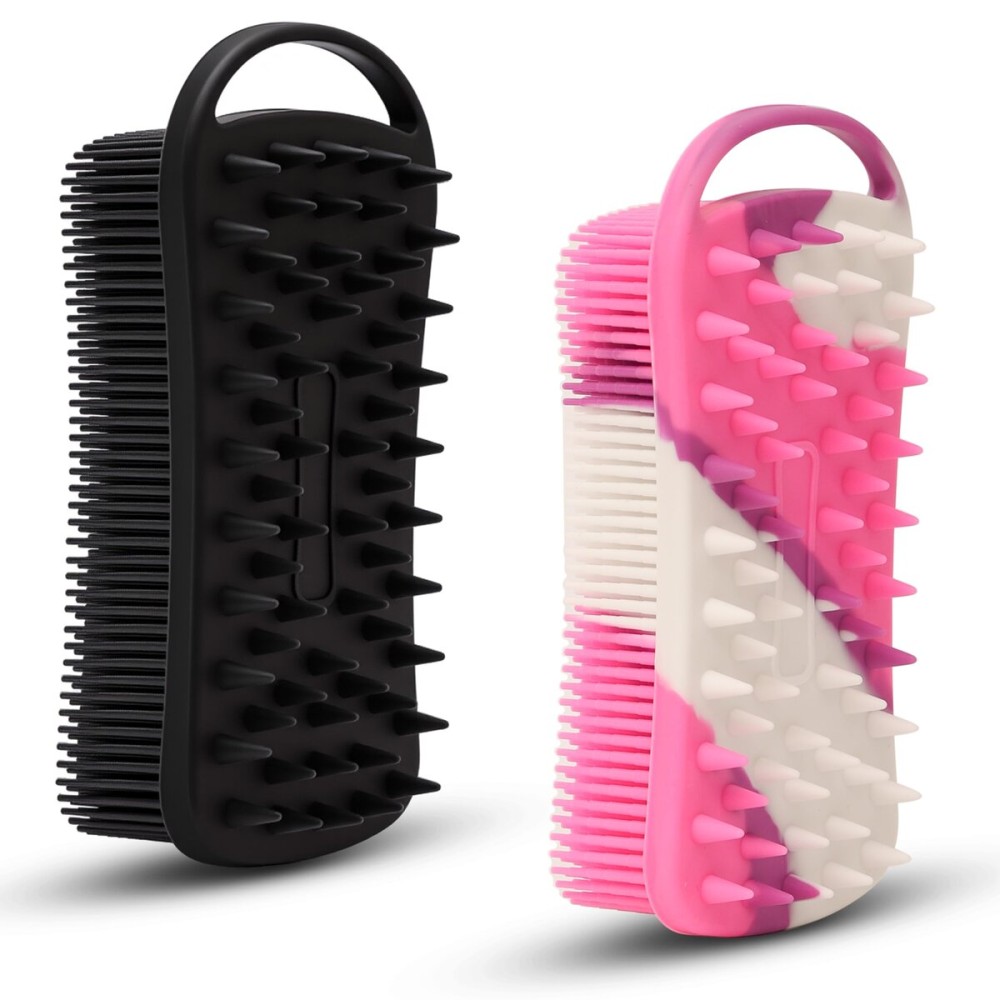 2 PC Silicone Body Scrubber, 2 in 1 Exfoliating Shower Bath Scrubber, Soft Silicone Loofah for Sensitive Skin, Shower Hair Scalp Massager, Easy to Clean, Lather Well (Black&Purple)