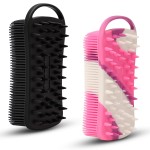 2 PC Silicone Body Scrubber, 2 in 1 Exfoliating Shower Bath Scrubber, Soft Silicone Loofah for Sensitive Skin, Shower Hair Scalp Massager, Easy to Clean, Lather Well (Black&Purple)