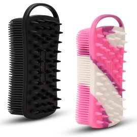 2 PC Silicone Body Scrubber, 2 in 1 Exfoliating Shower Bath Scrubber, Soft Silicone Loofah for Sensitive Skin, Shower Hair Scalp Massager, Easy to Clean, Lather Well (Black&Purple)