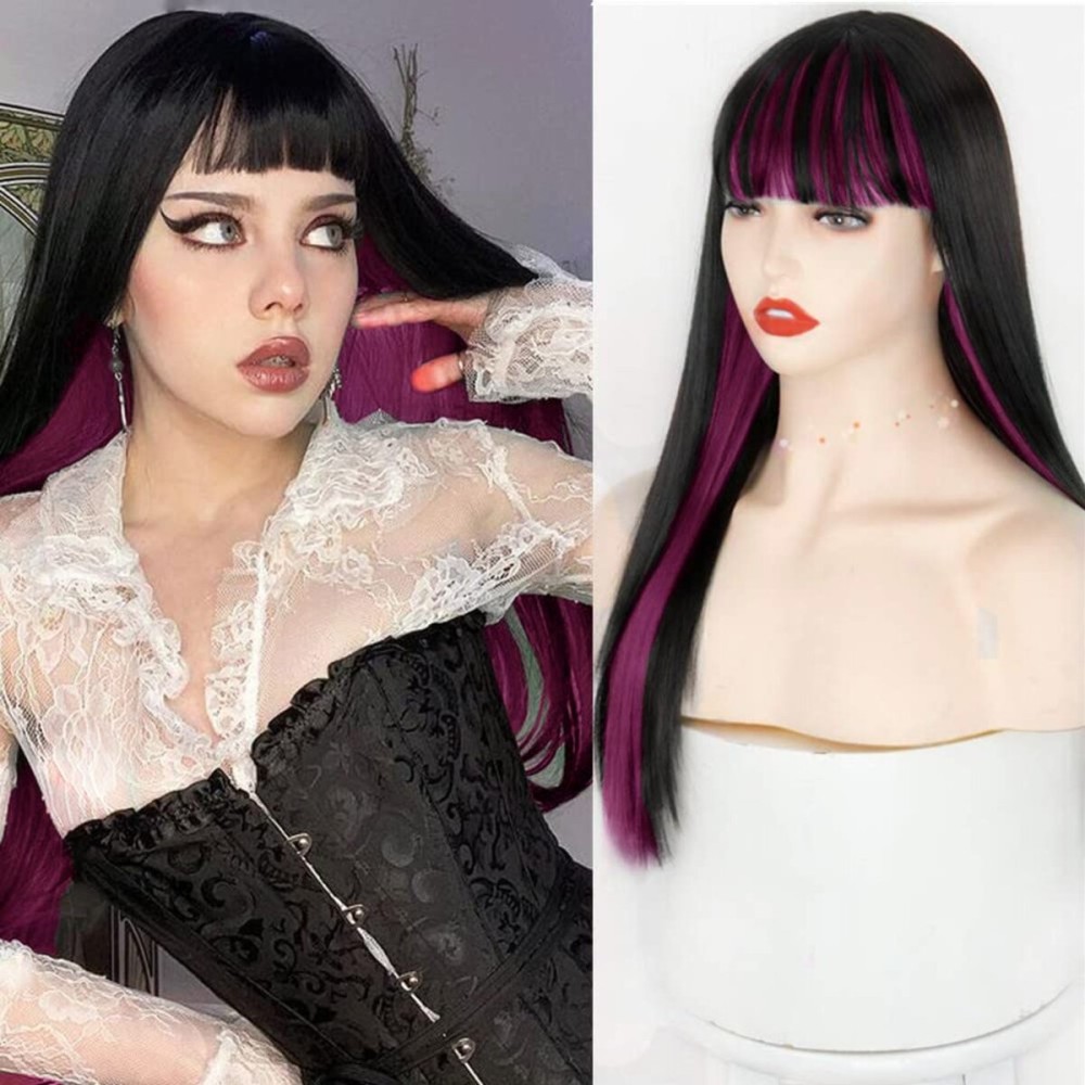 Swiking Black Mix Rose Red Long Straight Wig with Bangs Silky Synthetic Replacement Hair Wig Heat Resisting Two Color Daily Party Cosplay Wigs