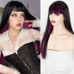 Swiking Black Mix Rose Red Long Straight Wig with Bangs Silky Synthetic Replacement Hair Wig Heat Resisting Two Color Daily Party Cosplay Wigs