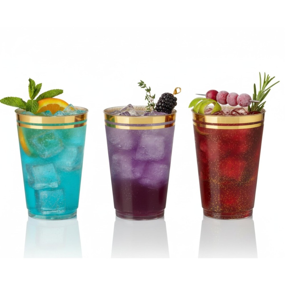 Perfect Settings 100 Premium 14oz Hard Plastic Cups Clear Glitter Gold Plastic Double Line Rimmed Cups Fancy Disposable Wedding Cups Elegant Party Cups with Twin Colored Rim (Glitter Gold Rim, 14)