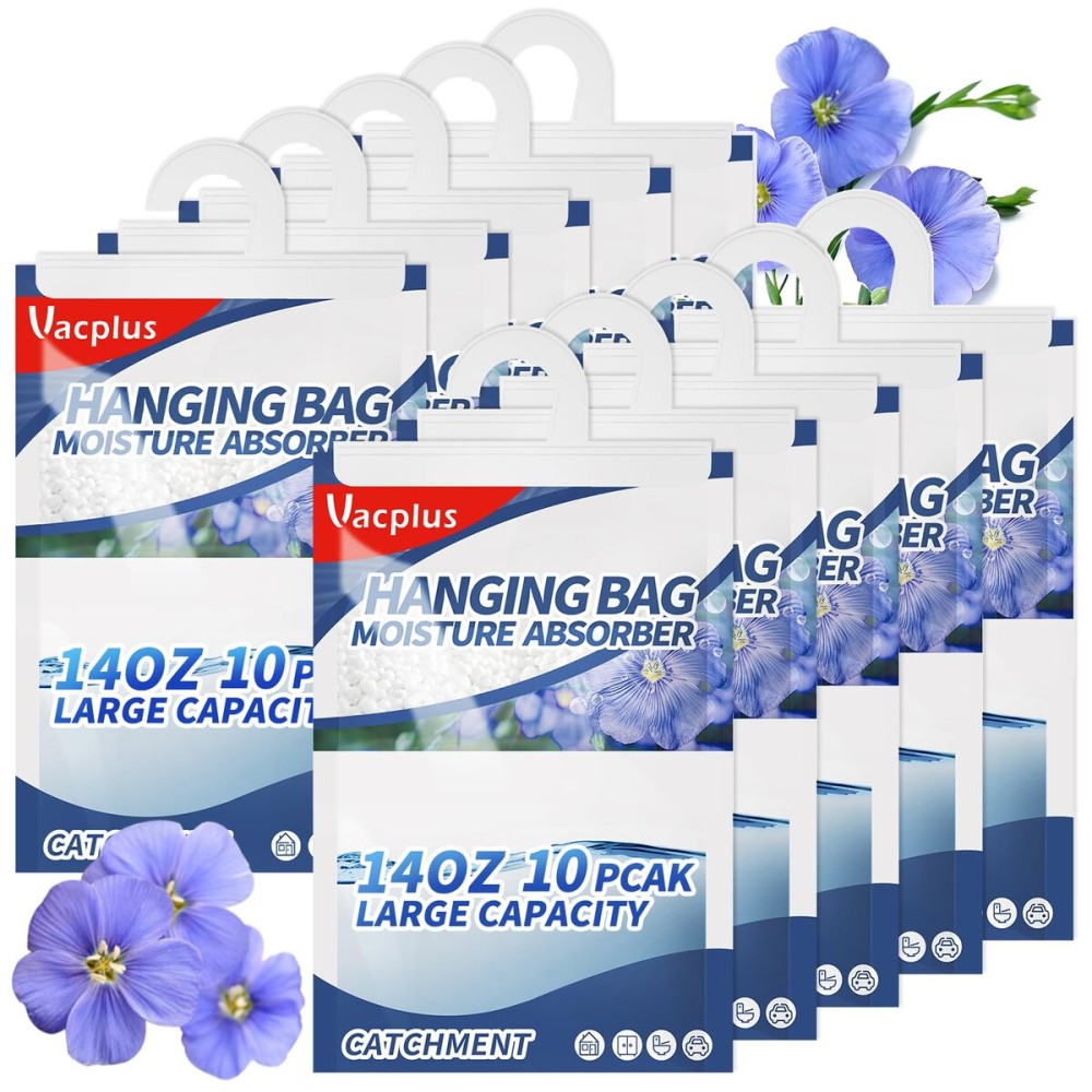 Vacplus Moisture Absorbers, Hanging Closet Dehumidifier Bags, Humidity Packs, Desiccant, Closet Dehumidifiers with Linen Fragrance, 10 Pack, 14.0 OZ