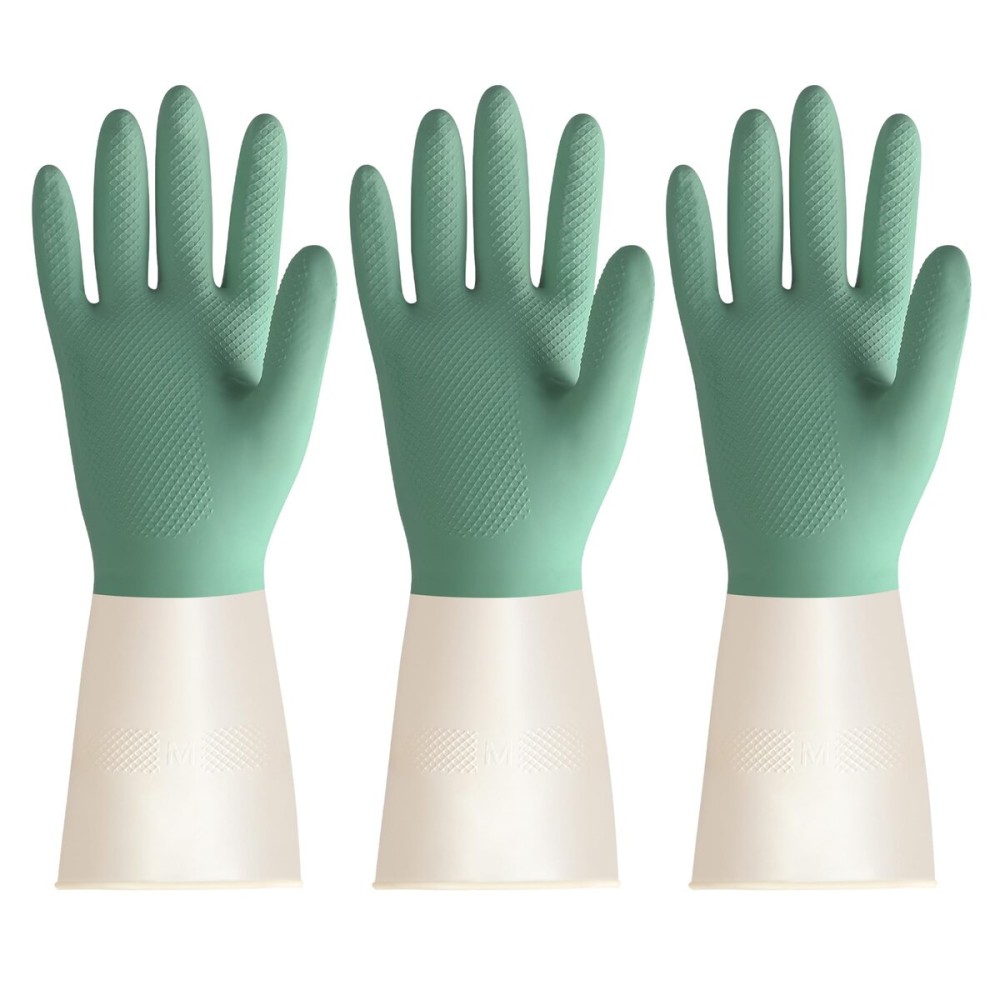 BOOMJOY Latex Cleaning Gloves, Heavy Duty Dishwashing Gloves, Reusable Medium Gloves for Kitchen, Bathroom, Gardening, Working, Pet Care - Green-Beige, 3 Pairs, Size M