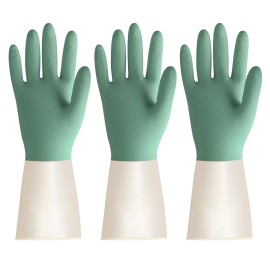 BOOMJOY Latex Cleaning Gloves, Heavy Duty Dishwashing Gloves, Reusable Medium Gloves for Kitchen, Bathroom, Gardening, Working, Pet Care - Green-Beige, 3 Pairs, Size M