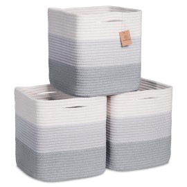 NaturalCozy Storage Cubes 11 Inch Cotton Rope Woven Baskets for Organizing, 3-Pack | Cube Storage Bin | Square Storage Baskets for Shelves Organizer, Classroom, Kids Toy Bins, Closet, Baby Nursery