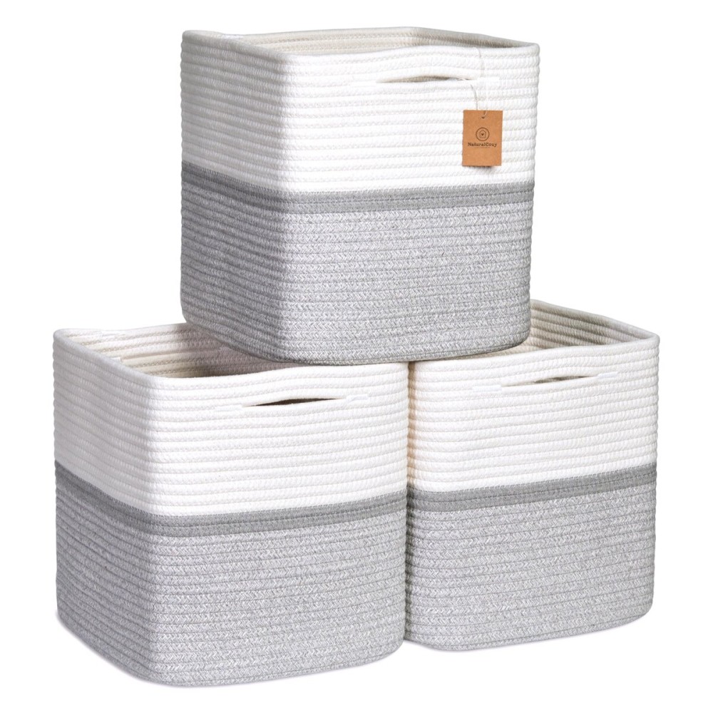 NaturalCozy Storage Cubes 11 Inch Cotton Rope Woven Baskets for Organizing, 3-Pack | Cube Storage Bin | Square Storage Baskets for Shelves Organizer, Classroom, Kids Toy Bins, Closet, Baby Nursery