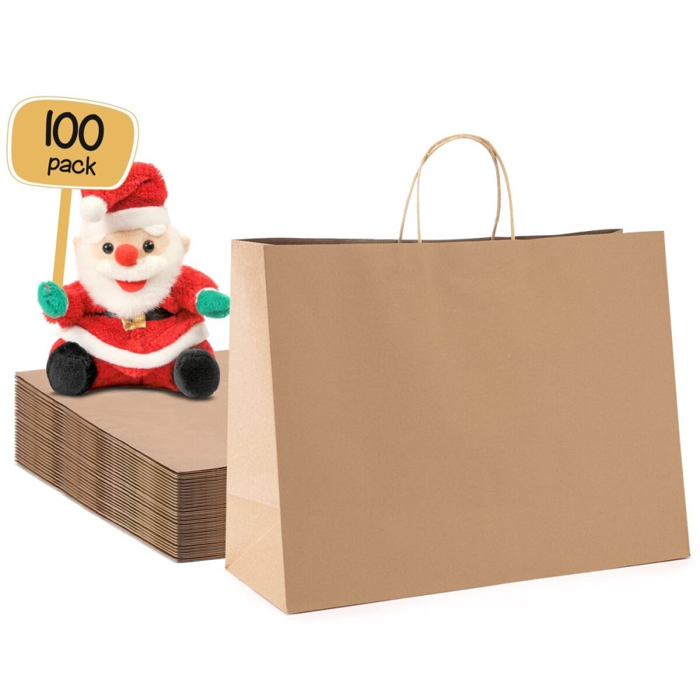 METRONIC Large Paper Bags With Handles 16x6x12 100pc, Shopping Gift Bags Bulk for Small Business, Groceries, Merchandise (Brown)