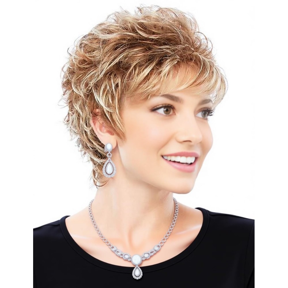 TISHINING Short Mixed Blonde Pixie Cut Wigs for White Women Wavy Layered Blonde Mixed Auburn Shaggy Synthetic Hair Replacement Wig with Bangs
