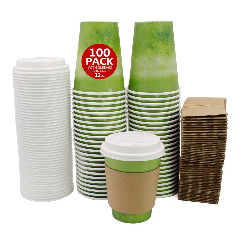 Yes!Fresh Disposable Hot Paper Cup,To Go Hot Cups for Coffee, Hot Liquid, Chocolate, Juice,Suitable for Party, Picnic, Travel, and Events (12 oz, 100 Count,Green)