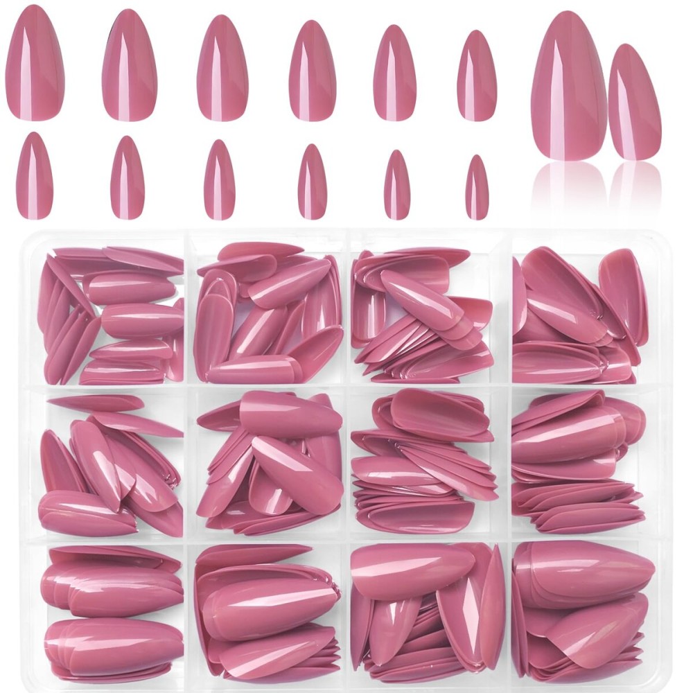 LoveOurHome 240pc Almond Press-on Medium Fake Nail Tips - Full Cover Lotus Pink Artificial Fingernails - Short Stiletto Nails - Press-ons with Glue & Adhesive Tabs