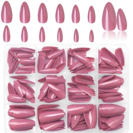 LoveOurHome 240pc Almond Press-on Medium Fake Nail Tips - Full Cover Lotus Pink Artificial Fingernails - Short Stiletto Nails - Press-ons with Glue & Adhesive Tabs