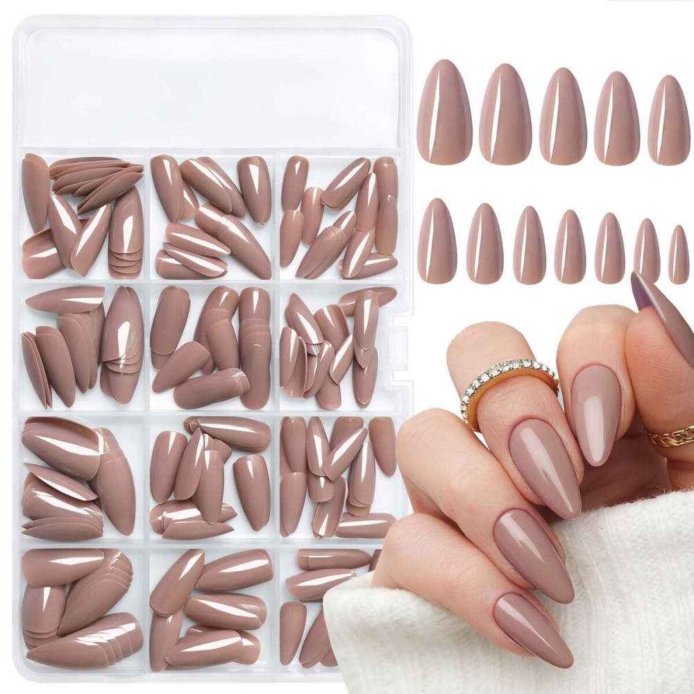 LoveOurHome 240pc Almond Press on Nails Medium Fake Nail Tips Brown Acrylic Nails Press ons Nail Almond Short Stiletto False Nail French Artificial Fingernail & Adhesive Tabs Glue for Women Girls
