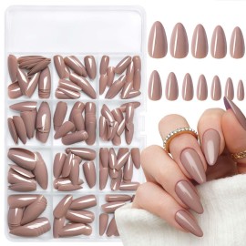 LoveOurHome 240pc Almond Press on Nails Medium Fake Nail Tips Brown Acrylic Nails Press ons Nail Almond Short Stiletto False Nail French Artificial Fingernail & Adhesive Tabs Glue for Women Girls