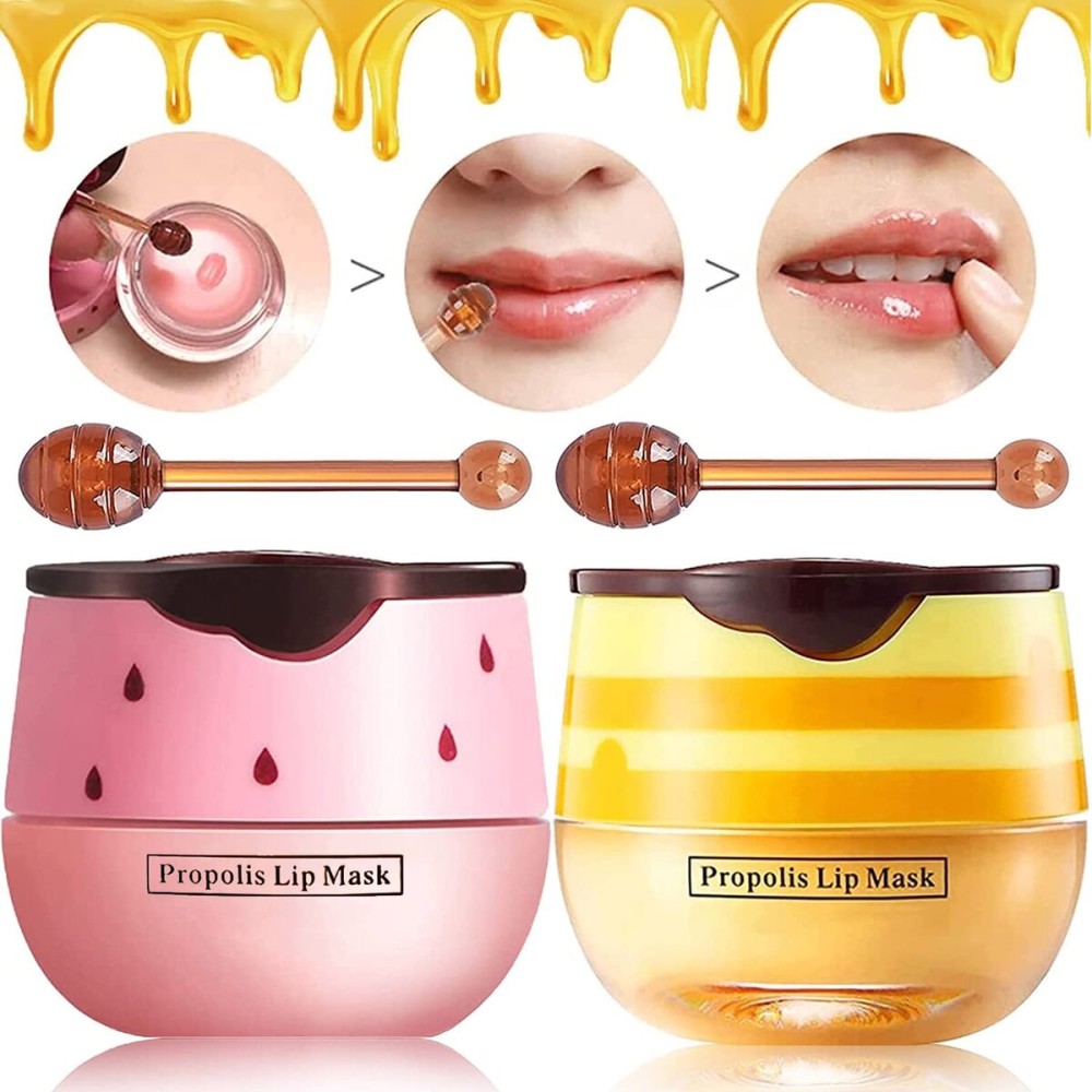 Bee Lip Balm Honey Pot, 4 Pack Honey & Strawberry Lip Mask Propolis Lip Mask Moisturizing Hydrating Prevention Dry and Cracked Lip Scrubs Exfoliator (2 Honey+2 Strawberry) (D)