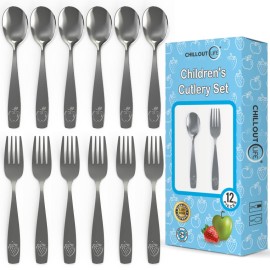 CHILLOUT LIFE Stainless Steel Kids Silverware Set 12 Pieces - Child and Toddler Safe Flatware - Kids Utensil Set - Metal Kids Cutlery Set (Includes 6 Small Kids Spoons & Kids 6 Forks)