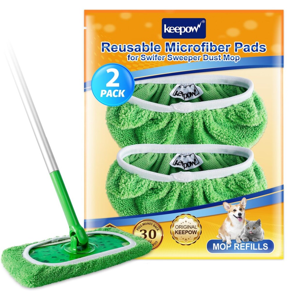 KEEPOW Reusable Microfiber Mop Pads for Swiffer Sweeper Mop, Washable Wet Pad Refills for Wet & Dry Use, Microfiber Dry Sweeping Cloths for Hardwood Floor Cleaning, 2 Pack (Mop is Not Included)