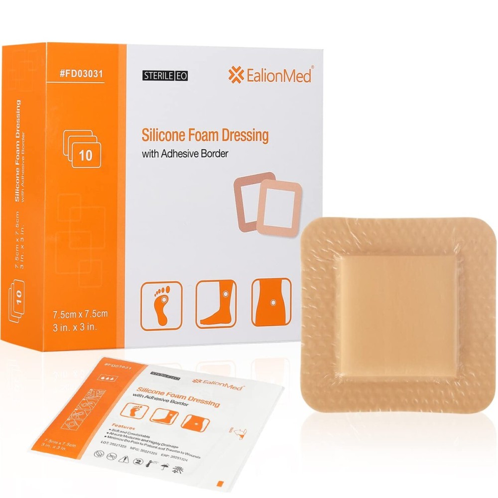 EalionMed Silicone Foam Dressing with Gentle Adhesive Border 3\'\'x3\'\', 10 Pack, Painless Removal High Absorbency Bed Sore Wound Bandage for Pressure Sore, Leg Ulcer, Diabetic Ulcer