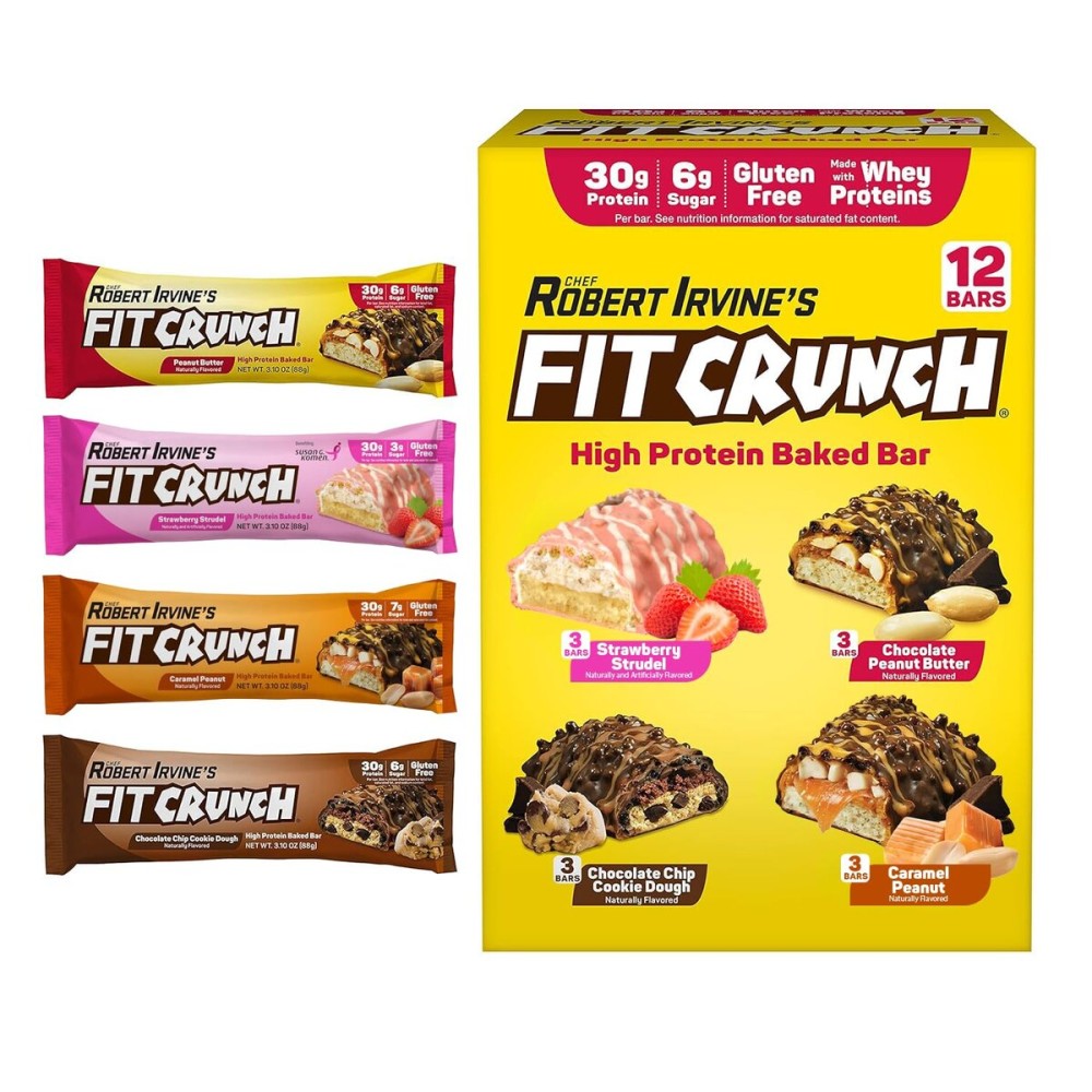 FITCRUNCH Full Size Protein Bars, 6-Layer Baked Bar, 6g of Sugar, Gluten Free & Soft Cake Core (12 Bars, Variety Pack)