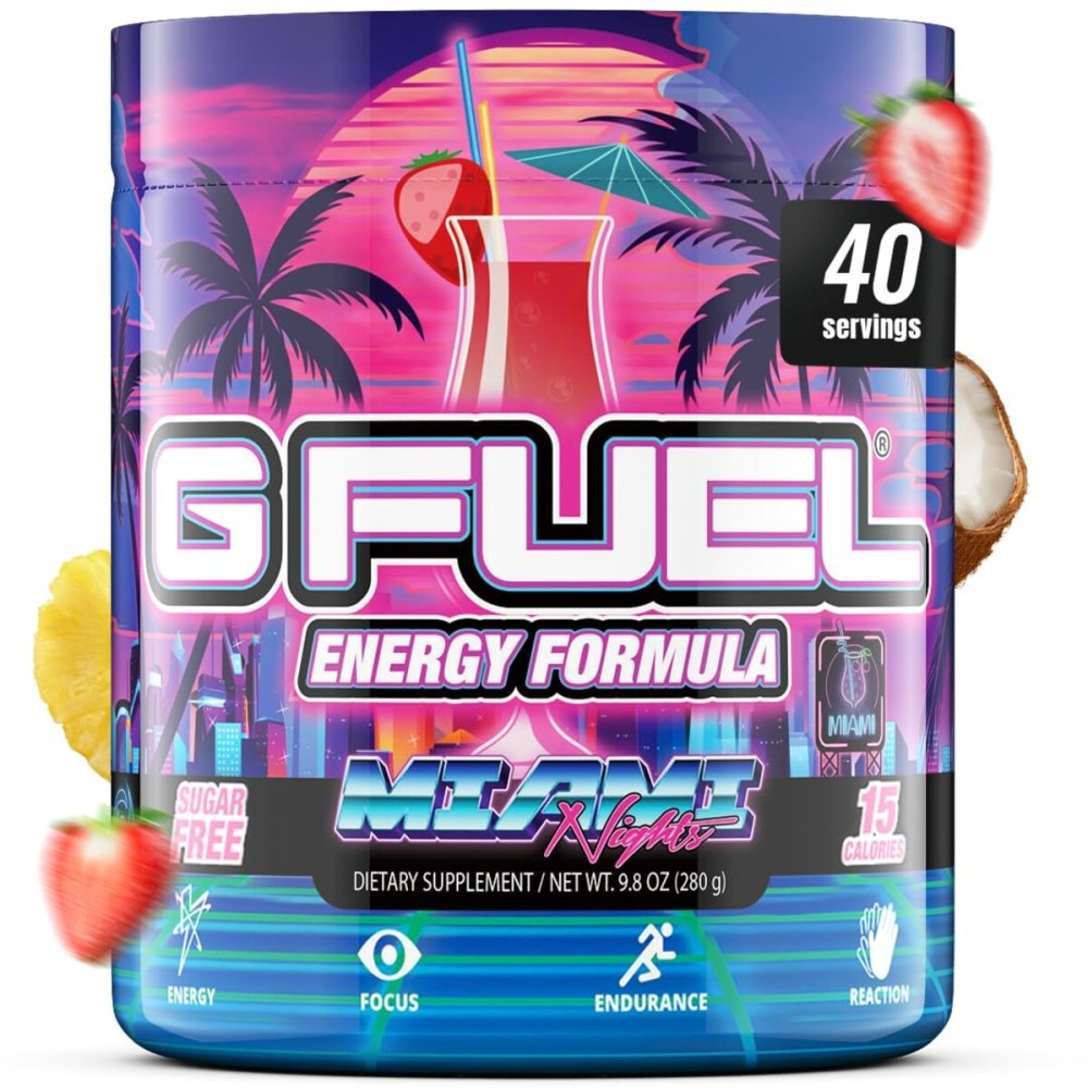 G Fuel Miami Nights Energy Drink Powder, Pre Workout Caffeine Mix for Gaming, Sugar Free Focus Amino, Vitamin + Antioxidants, 9.9oz (Strawberry Pina Colada, 40 Servings)