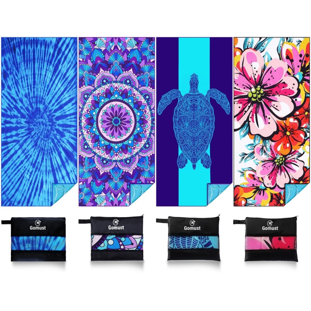 4 Pack Lightweight Thin Beach Towel Oversized 71x32 Big Extra Large Microfiber Sand Free Towels for Adult Quick Dry Travel Camping Beach Accessories Vacation Gift Turtle Tie Dye Mandala Flower