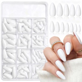 LoveOurHome 240pc Short Almond White Press on Nails Colored Fake Nail Tips Full Cover Artificial Fingernail French Stiletto Manicure with Adhesive Tabs for Women Girls Kids