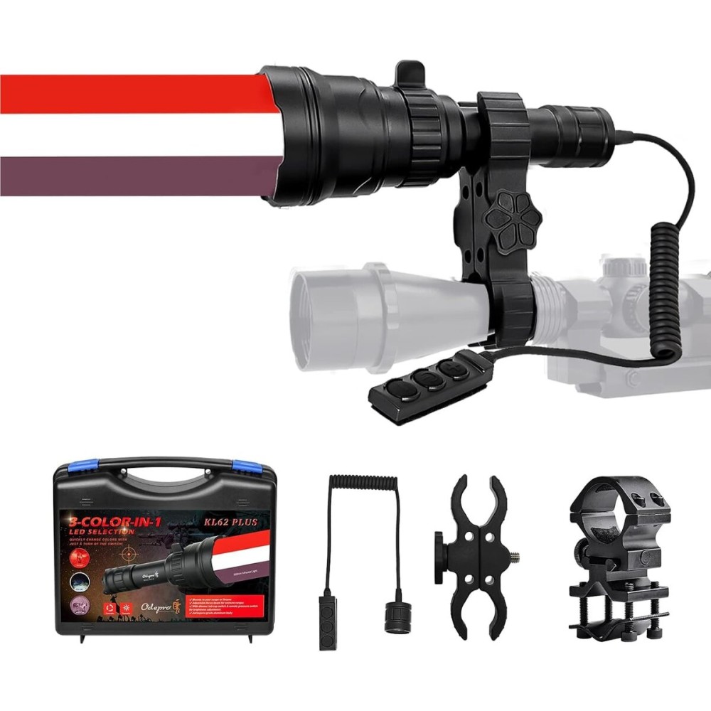 Odepro KL62Plus Red White IR850 Zoomable Hunting Light Kit 850nm Long Range IR Illuminator for Night Vision Scope Mount Infrared Flashlight with Stepless Dimming Switch for Hog Coyote Predator Hunting