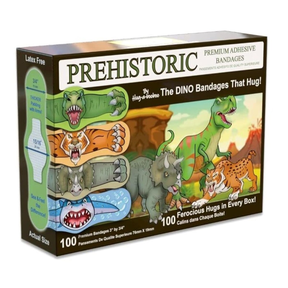 Prehistoric Dino Bandages - The Amazing First Aid Dinosaurs That Hug! T-Rex, Triceratops, Sabretooth Tiger and Prehistoric Shark Dinosaur - Fun Adhesive Cartoon Bandages. 100 Ct Box