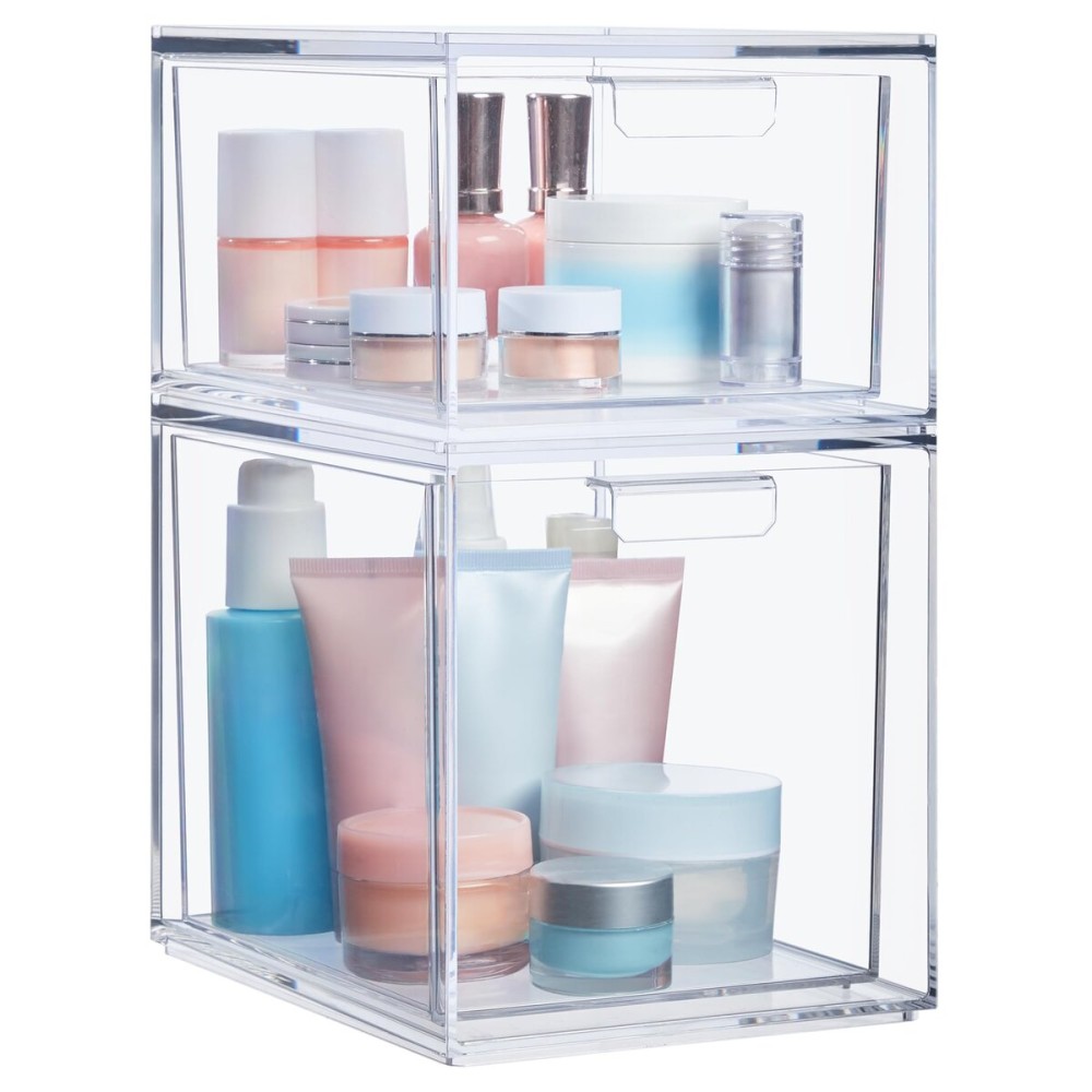 STORi Audrey Stackable Clear Bin Plastic Organizer Drawers | 2 Piece Set | Organize Cosmetics and Beauty Supplies on a Vanity | Made in USA
