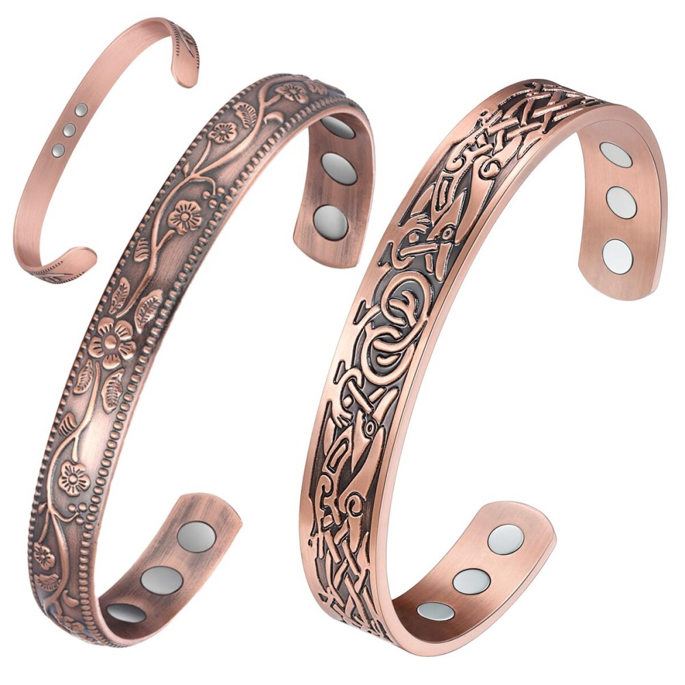 Feraco 11X Magentic Copper Bracelet for Women, 99.99% Pure Copper Cuff Bangles with Magnets, Adjustable Jewelry Gifts (Viking & Blossom)