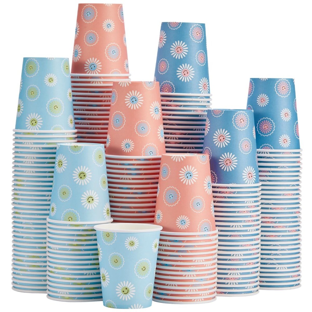 SIUQ 300 Pack Paper Cups 8 oz, Disposable Coffee Cups, Paper Coffee Cups 8 oz, Colourful Hot/Cold Beverage Drinking Cup for Water Juice or Tea, Office Party Home Travel - Daisy