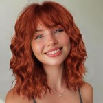 Nnzes Short Orange red Wavy Wig with Bangs for Women Shoulder Length Bob Curly Women\'s Charming Synthetic Wigs with Natural Wavy Wig Heat Resistant Hair for Daily Party Use