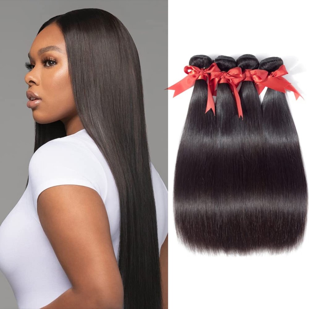 Kerriana 4 Bundles Human Hair Straight, 14 16 18 20 inch 100% Unprocessed Brazilian Vrigin Straight Bundles Sew In Human Hair For Black Women