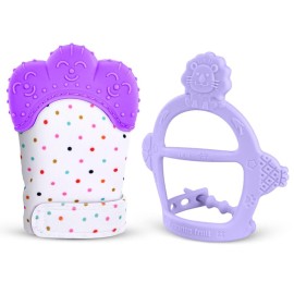 Vicloon Silicone Teething Mitt, 2Pcs Teething Mitten with Adjustable Strap, Crinkle Sound and Textured, Self Soothing Baby Chew Toys for 0-6month Infants