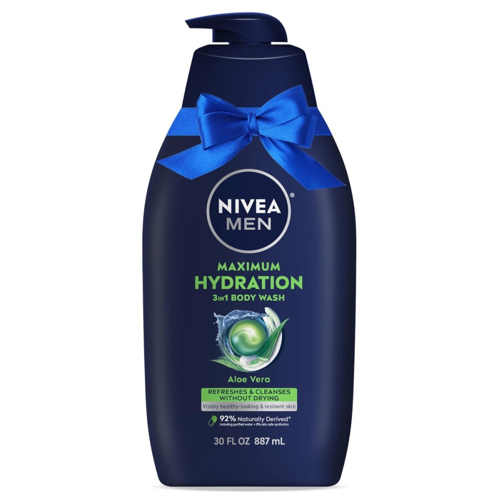Nivea Men Maximum Hydration Body Wash for Dry Skin, Aloe Vera Enriched, 3-in-1 Moisturizing Body Wash, Face and Hair, Paraben Free, Vegan Formula, 30 Fl Oz Bottle