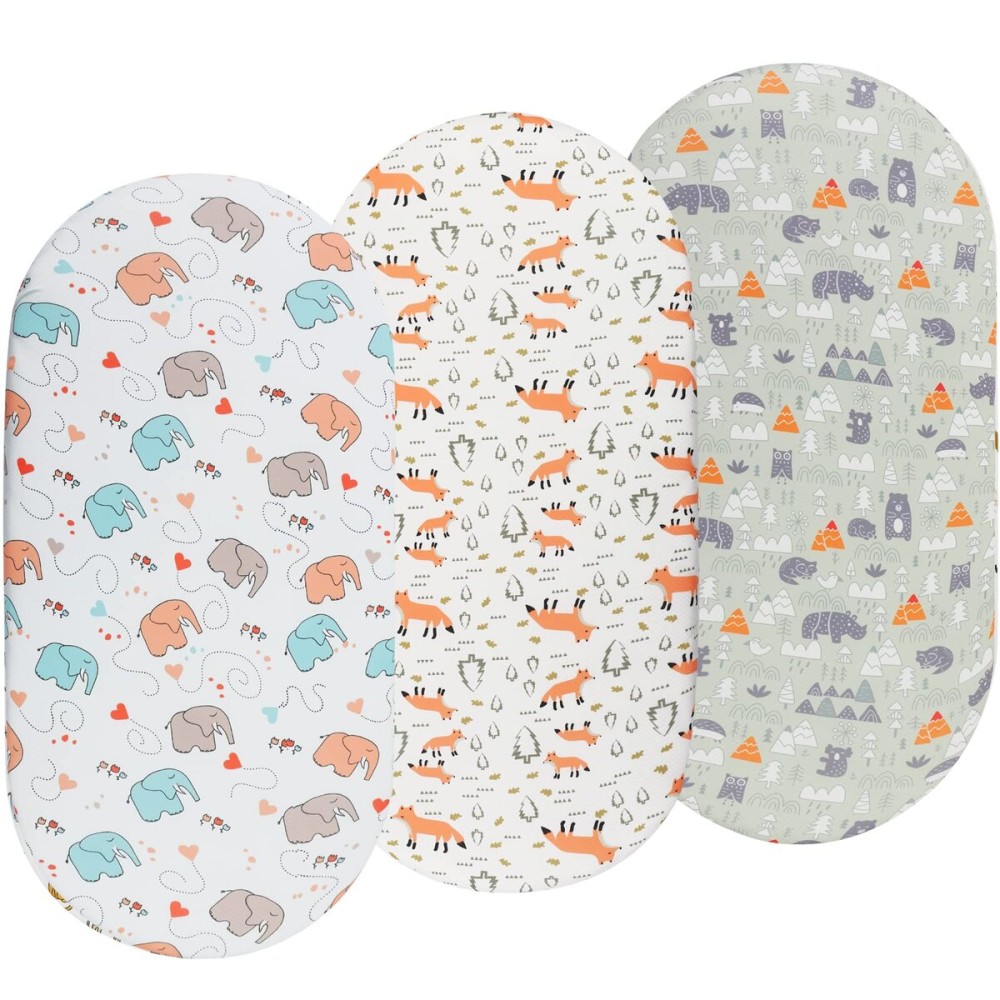 Onacosht Bassinet Sheets 3 Pack for Baby Boy, Soft Stretchy Universal Fitted Sheet Set for Oval Rectangle Hourglass Bassinet Mattress, Forest Fox Elephant Printing