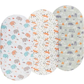 Onacosht Bassinet Sheets 3 Pack for Baby Boy, Soft Stretchy Universal Fitted Sheet Set for Oval Rectangle Hourglass Bassinet Mattress, Forest Fox Elephant Printing