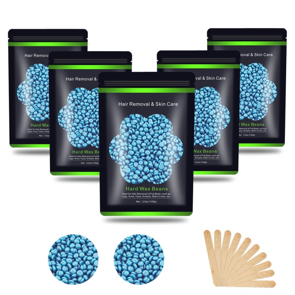 Auperwel Wax Beads for Hair Removal 1.1 lb (17.6 oz), Hard Wax Beads for Sensitive Skin - Brazilian, Face, Bikini, Legs, Eyebrow, Painless Waxing Beads Kit for Women Men, 5 Packs with 10 Wax Sticks