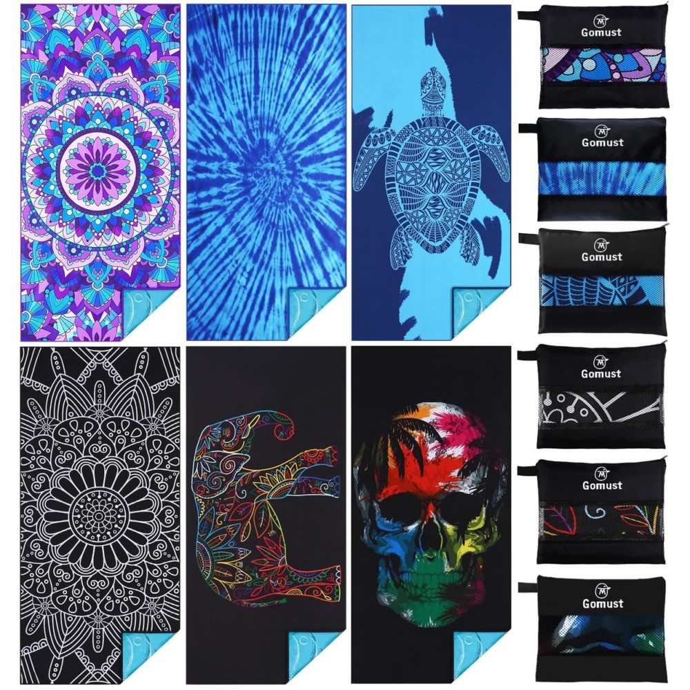 6 Pack Lightweight Thin Beach Towel Oversized 71x32 Big Extra Large Microfiber Sand Free Towels for Adult Quick Dry Travel Camping Beach Accessories Gift Sea Turtle Tie Dye Mandala Elephant Skull