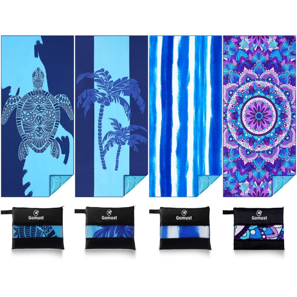 4 Pack Lightweight Thin Beach Towel Oversized 71x32 Big Extra Large Microfiber Sand Free Towels for Adult Quick Dry Travel Camping Beach Accessories Gift Coconut Tree Sea Turtle Stripe Mandala