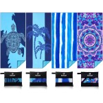 4 Pack Lightweight Thin Beach Towel Oversized 71x32 Big Extra Large Microfiber Sand Free Towels for Adult Quick Dry Travel Camping Beach Accessories Gift Coconut Tree Sea Turtle Stripe Mandala
