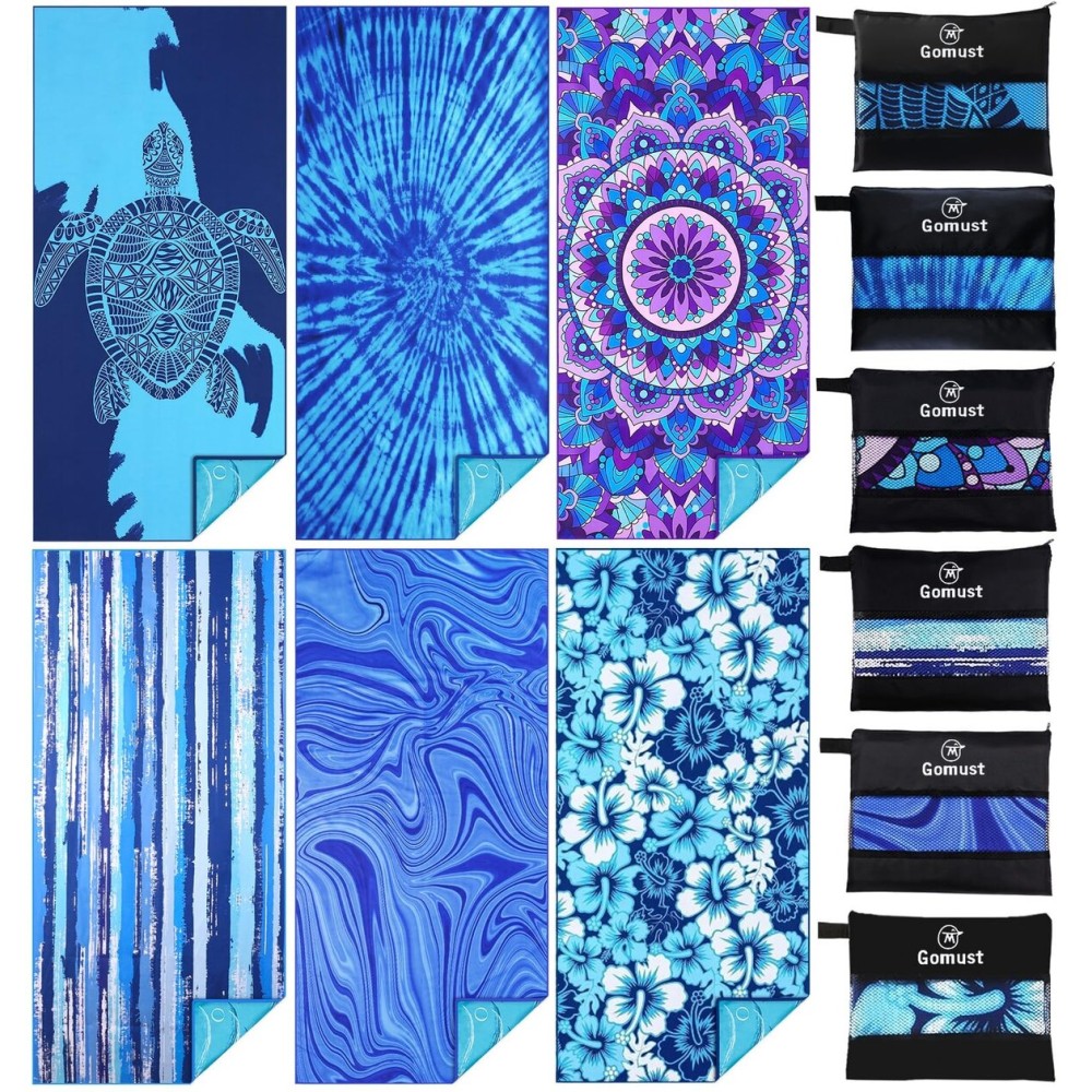 6 Pack Lightweight Thin Beach Towel Oversized 71x32 Big Extra Large Microfiber Sand Free Towels for Adult Quick Dry Travel Camping Beach Accessories Gift Sea Turtle Mandala Tie Dye Stripe Laguna