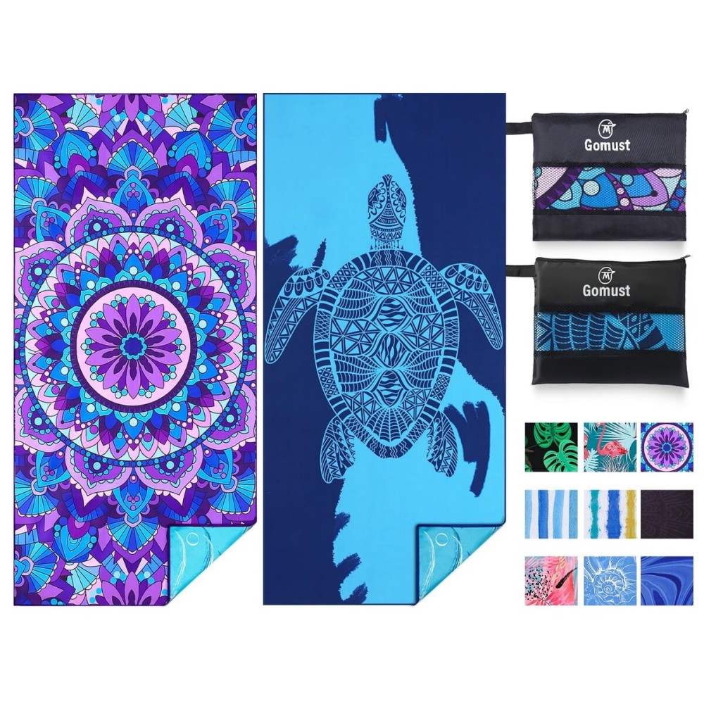 2 Pack Lightweight Thin Beach Towel Oversized 71x32 Big Extra Large Microfiber Sand Free Towels for Adult Quick Dry Travel Camping Beach Accessories Vacation Essential Gift Blue Sea Turtle Mandala