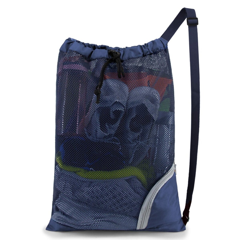 BeeGreen Mesh Drawstring Bag Swim Backpack for Beach Pool Sports Gym Draw String Cinch Bags for Swimming Soccer Basketball Gear Navy