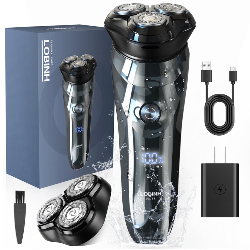 LOBINH Electric Razor for Men, 3D Rechargeable Waterproof IPX7 Electric Shaver for Men Wet & Dry, Cordless Rotary Razor with Beard Pop-up Trimmer, 1 Hour Fast Charging, 4D Floating Head