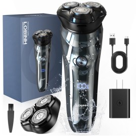LOBINH Electric Razor for Men, 3D Rechargeable Waterproof IPX7 Electric Shaver for Men Wet & Dry, Cordless Rotary Razor with Beard Pop-up Trimmer, 1 Hour Fast Charging, 4D Floating Head