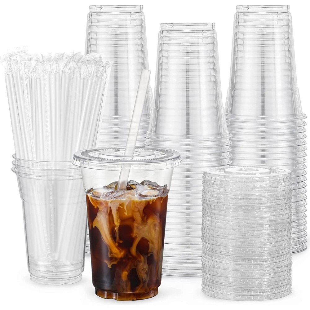 VITEVER [100 Sets - 24oz] Plastic Cups with Lids and Straws, Disposable Cups for Iced Coffee, Smoothie, Milkshake, Cold Drinks - Clear