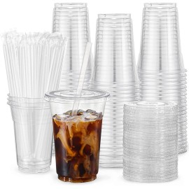 VITEVER [100 Sets - 24oz] Plastic Cups with Lids and Straws, Disposable Cups for Iced Coffee, Smoothie, Milkshake, Cold Drinks - Clear