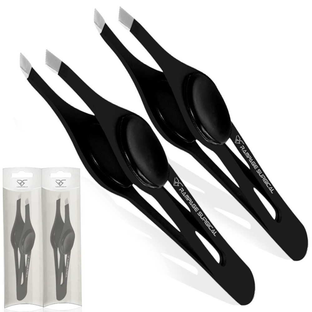 Professional Eyebrow Tweezers Slanted Tip Stainless Steel 2,3xPcs Set, Non-Slip Grip Slant Tip Tweezers for Facial Hair, Plucking Removing Ingrown Hairs, Tweezer for Women Men (Black&Black)