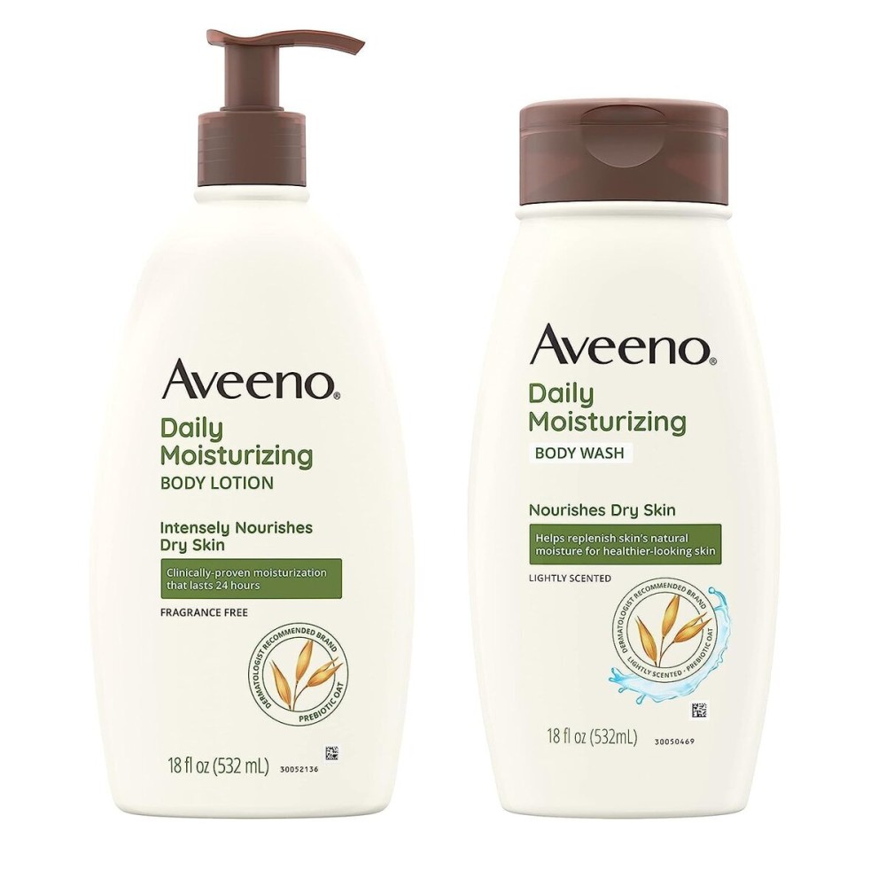 Aveeno Daily Moisturizing Lotion & Wash Regimen Pack, Nourishing Daily Moisturizing Body Lotion for Dry Skin, 18 oz, & Hydrating Body Wash with Soothing Prebiotic Oat, 18 oz, 2 Items